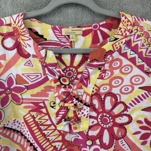 Choices Top Women M Floral Orange Yellow Linen Pullover 3/4 Sleeves Notch Neck - Picture 3 of 14